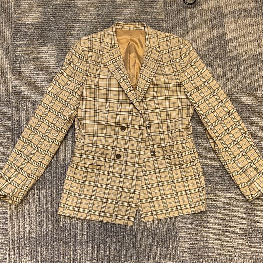 Tan/brown/blue checkerboard BooHooman double breasted jacket/ (worn once)